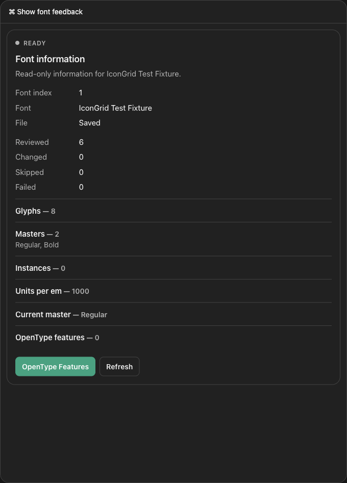 Glyphs MCP font feedback panel in the dark ChatGPT theme