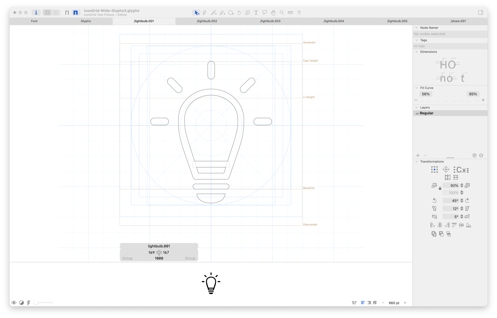 Glyphs Edit view in even grid mode, with grid lines coinciding with both construction axes.
