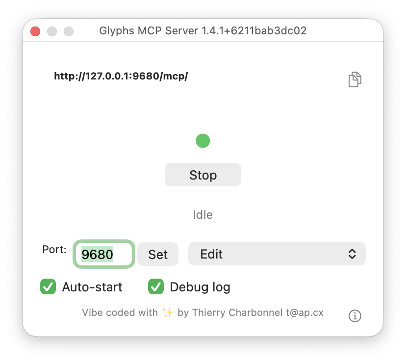Glyphs MCP Server Status window with the Edit tool profile selected.