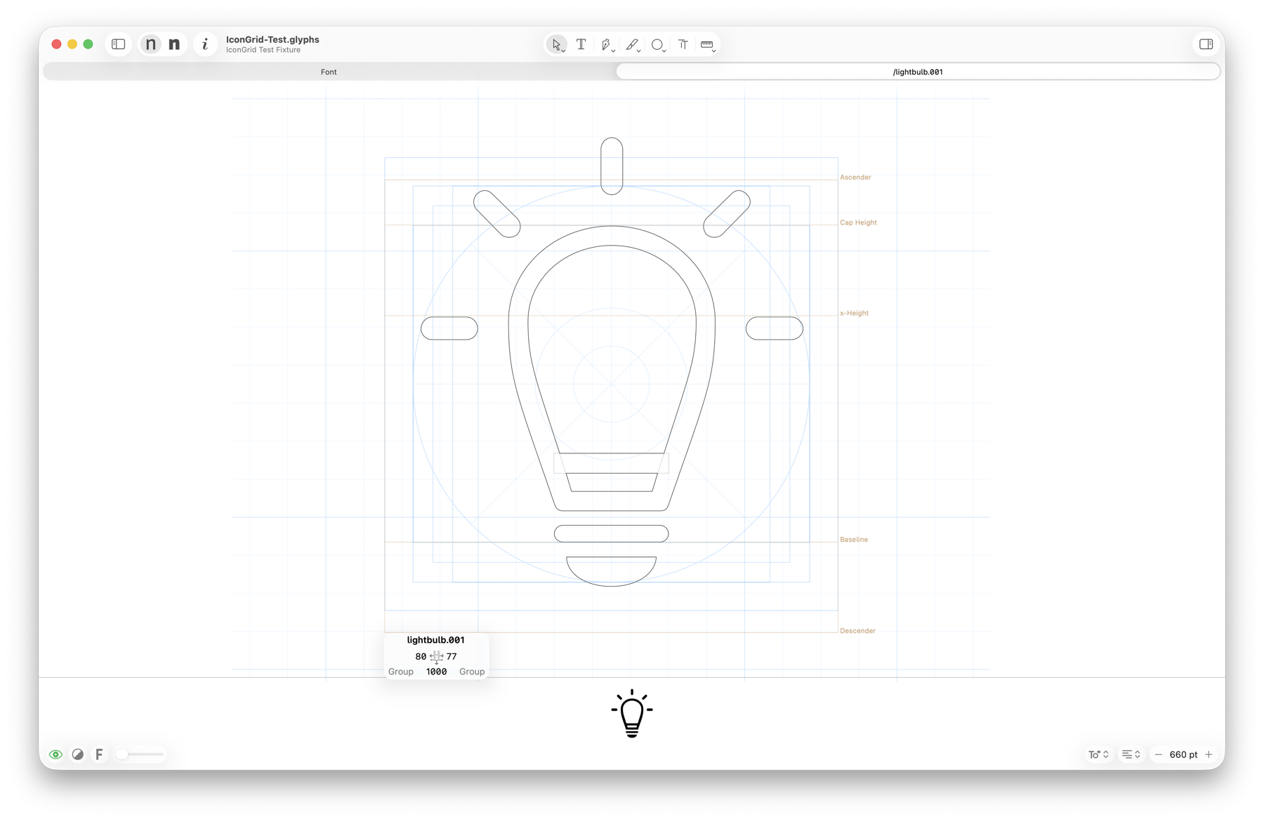 Glyphs 4 Edit view showing a lightbulb icon over the expanded stem grid and enlarged metric-fitted keylines.