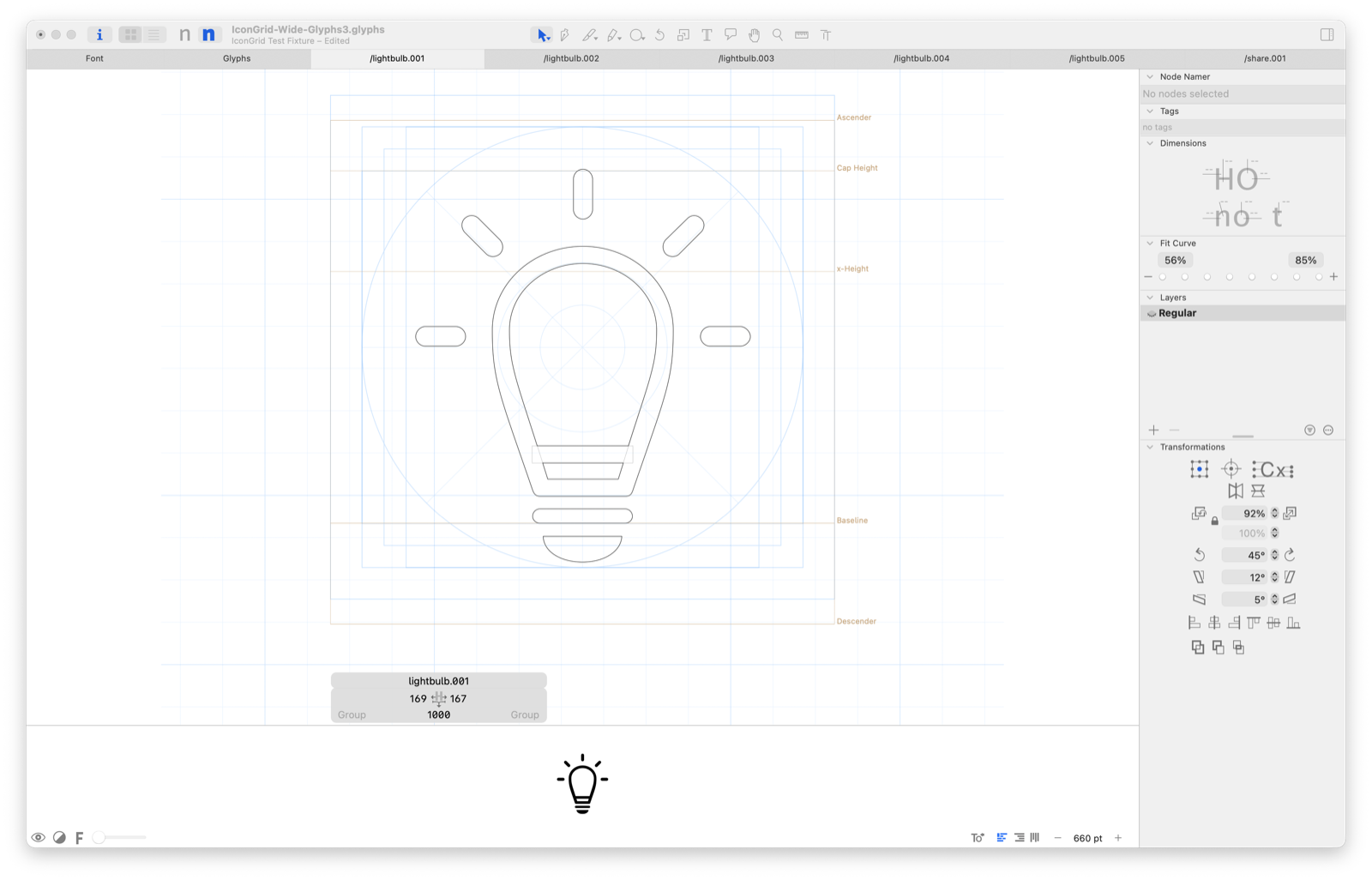 Glyphs Edit view in odd grid mode, with a complete grid cell centered on each construction axis.