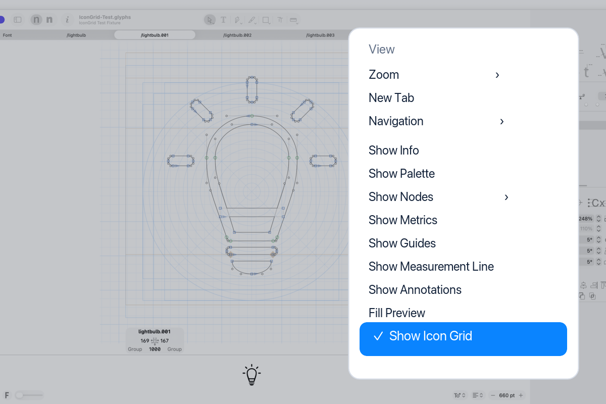 Glyphs View menu with Show Icon Grid enabled.